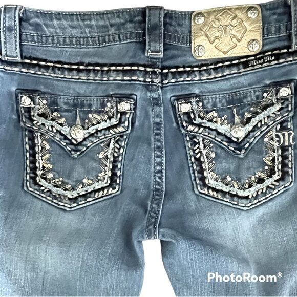 Miss Me rhinestones sequins embroidered Bootcut mid rise distressed Jeans - Picture 1 of 6